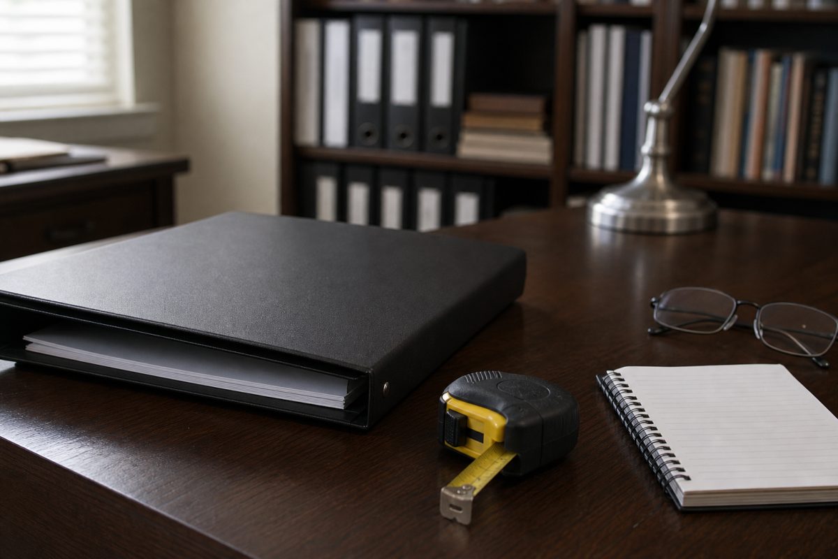 Папка материалов, рулетка и блокнот на рабочем столе эксперта